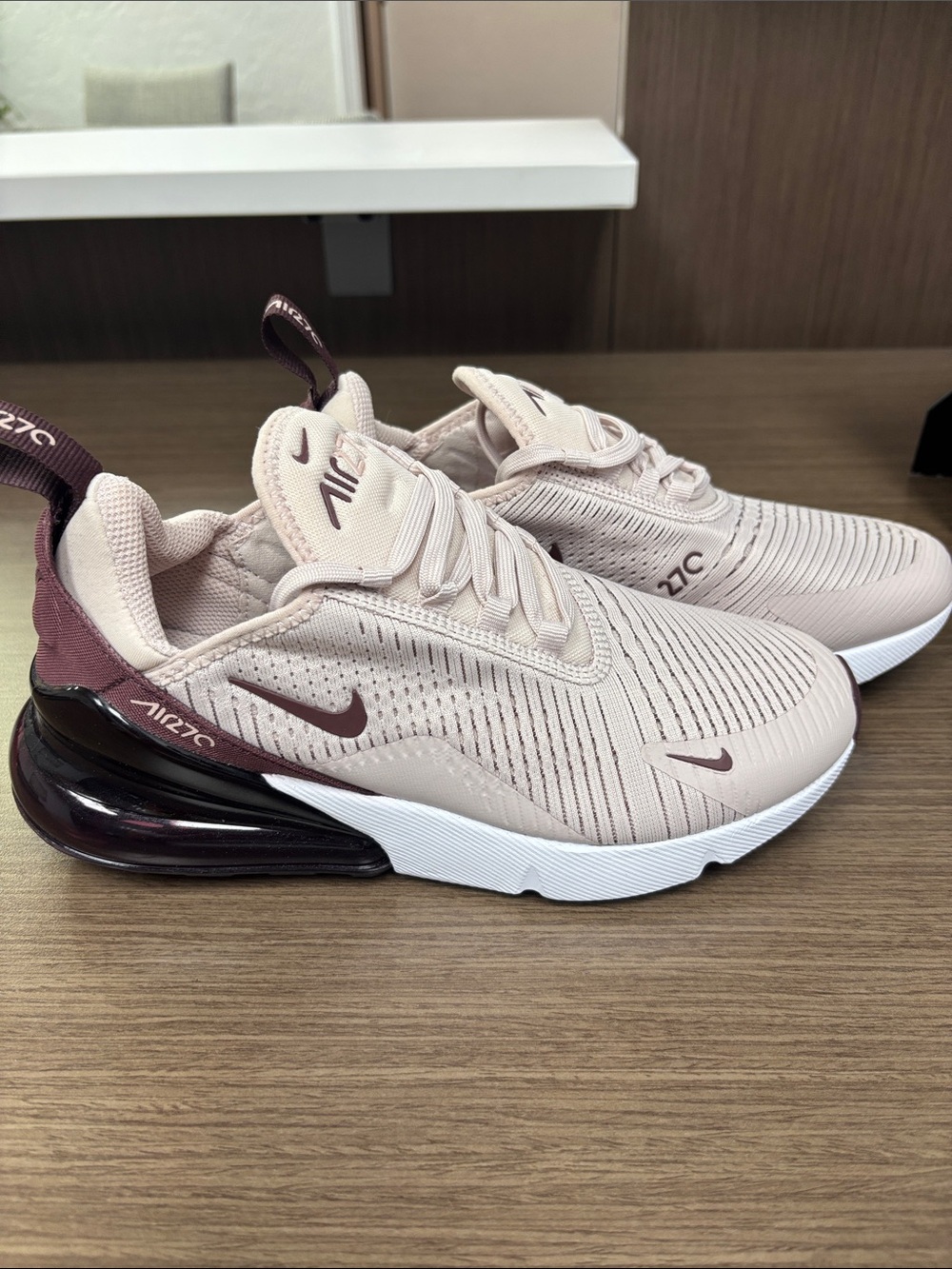 Nike Women’s Air Max 270 Sneakers - Taupe with Burgundy Accents